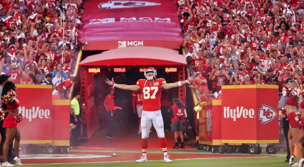 Travis Kelce comes out of the tunnel before a game.
