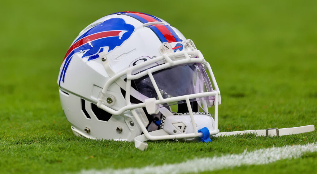 A Buffalo Bills' helmet lying on the field at M&T Bank Stadium.