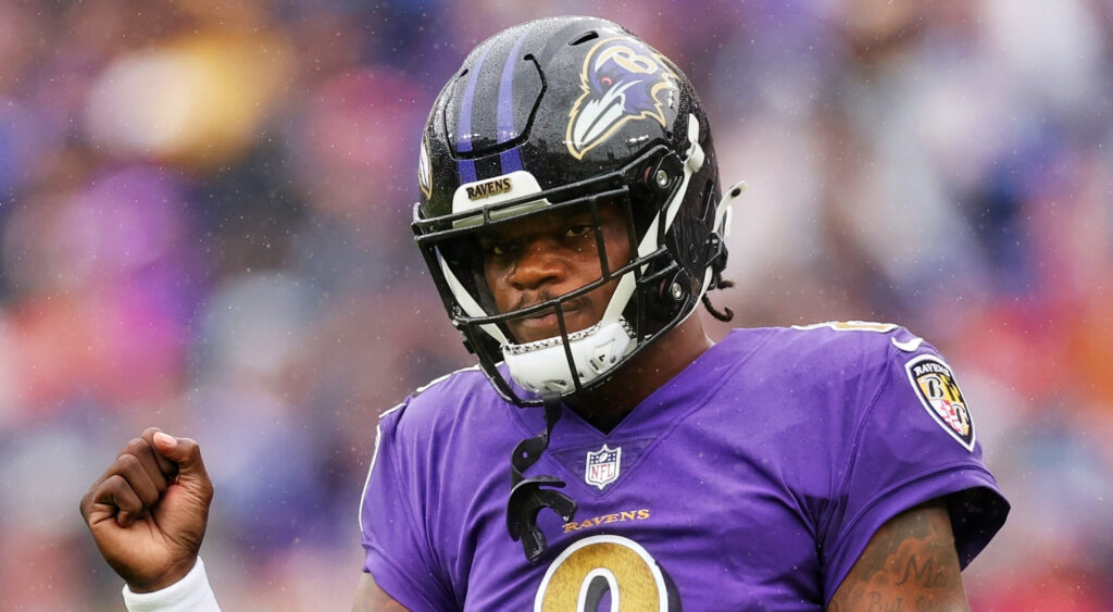 Baltimore Ravens' quarterback Lamar Jackson celebrating a touchdown.