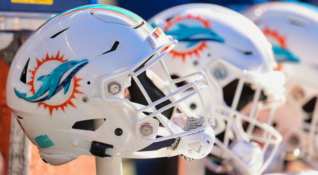A Miami Dolphins' helmet shown at Soldier Field in 2022.