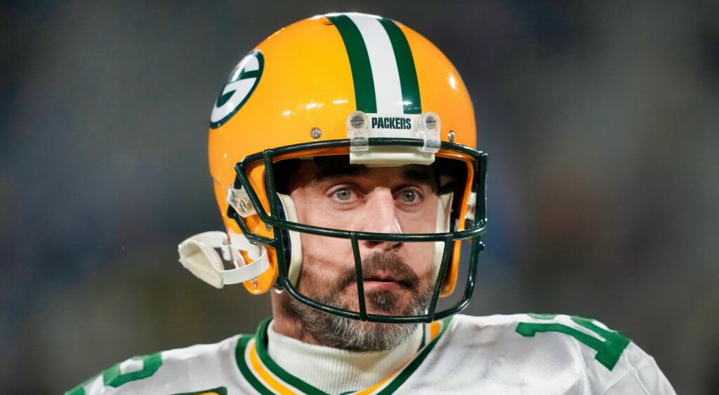 Aaron Rodgers looks on during a game.