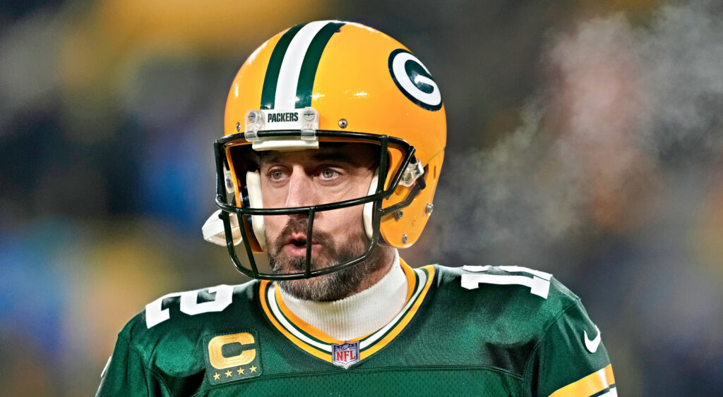 Green Bay Packers' quarterback Aaron Rodgers warming up ahead of 2023 game.