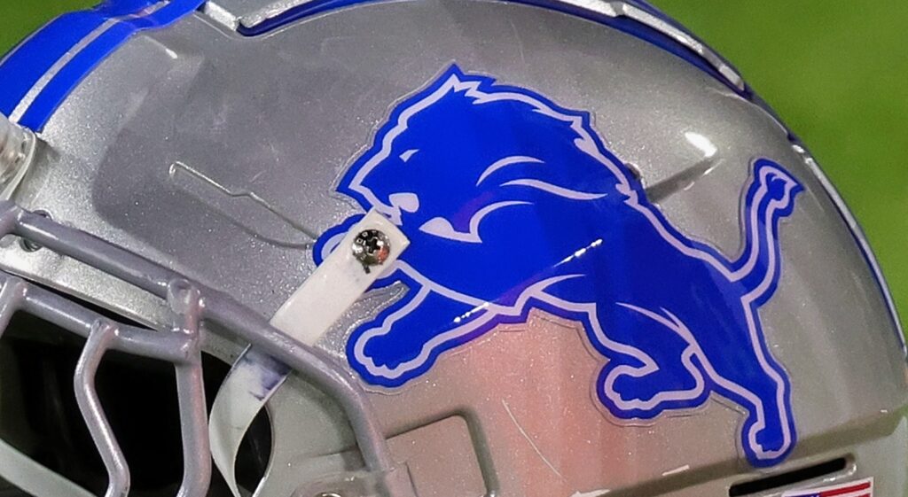 A closeup of a Detroit Lions helmet