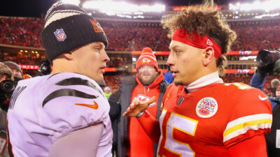 Joe Burrow and Patrick Mahomes about to embrace each other