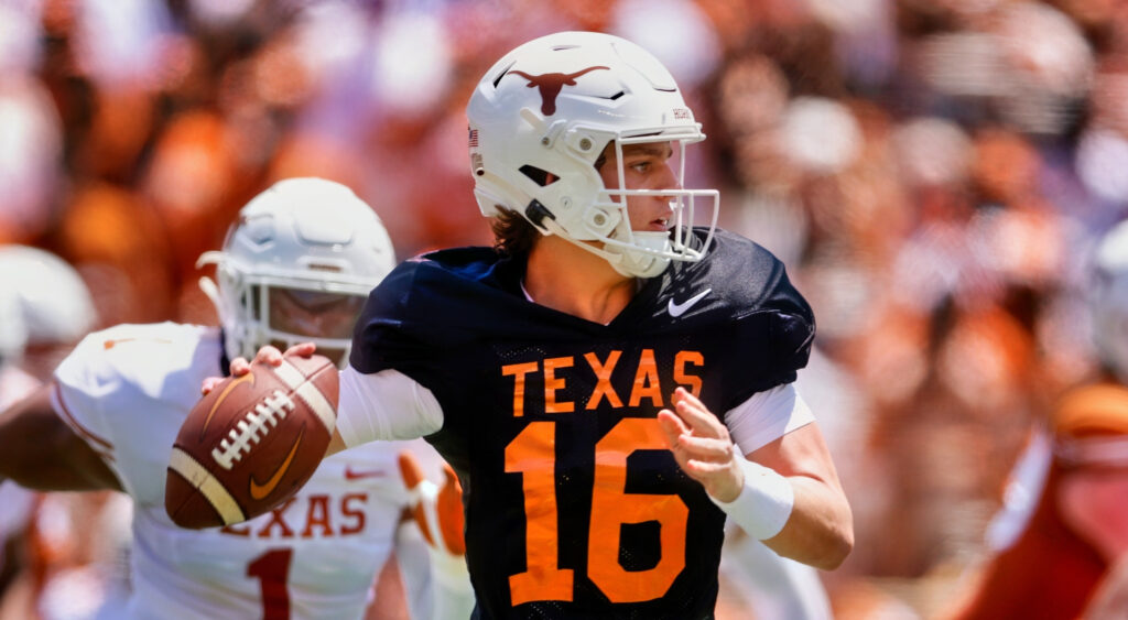 Arch Manning of Texas Longhorns looking to pass during Orange-White game.