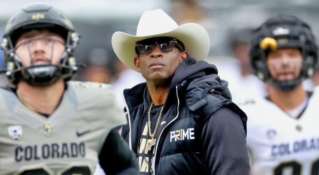 Deion Sanders looks on during Colorado's Spring Game.