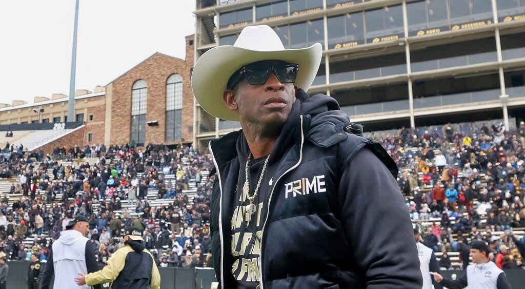 Deion Sanders watches his team during Colorado's Spring Game