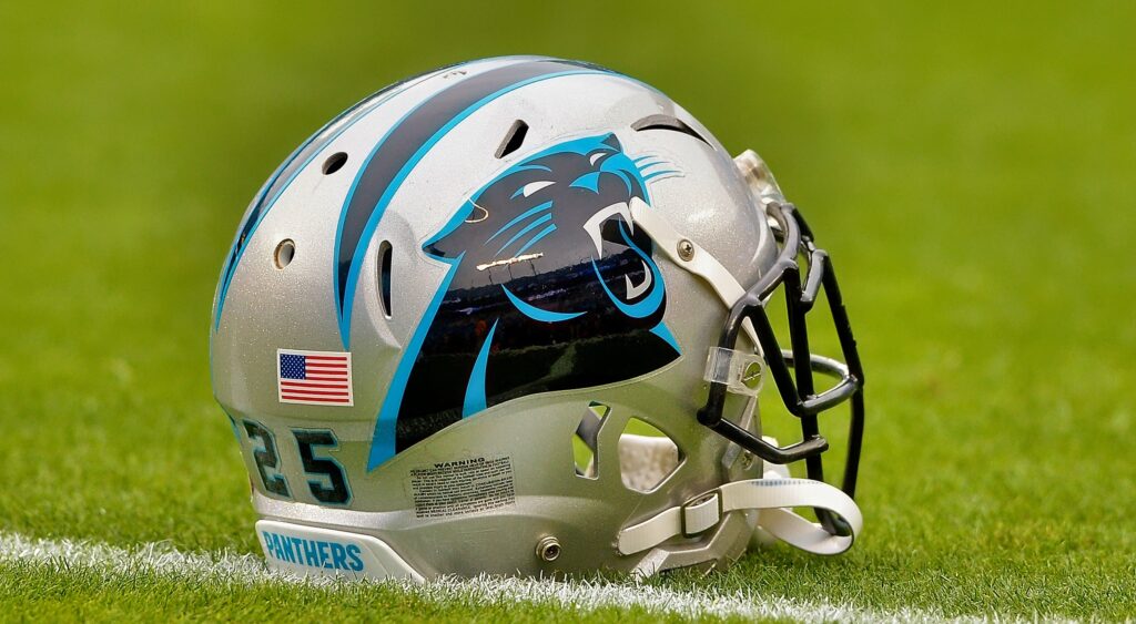 A Carolina Panthers helmet on the field.
