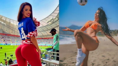 Photo of Ivana Knoll posing at the World Cup and photo of Ivana Knoll kicking soccer ball at the beach