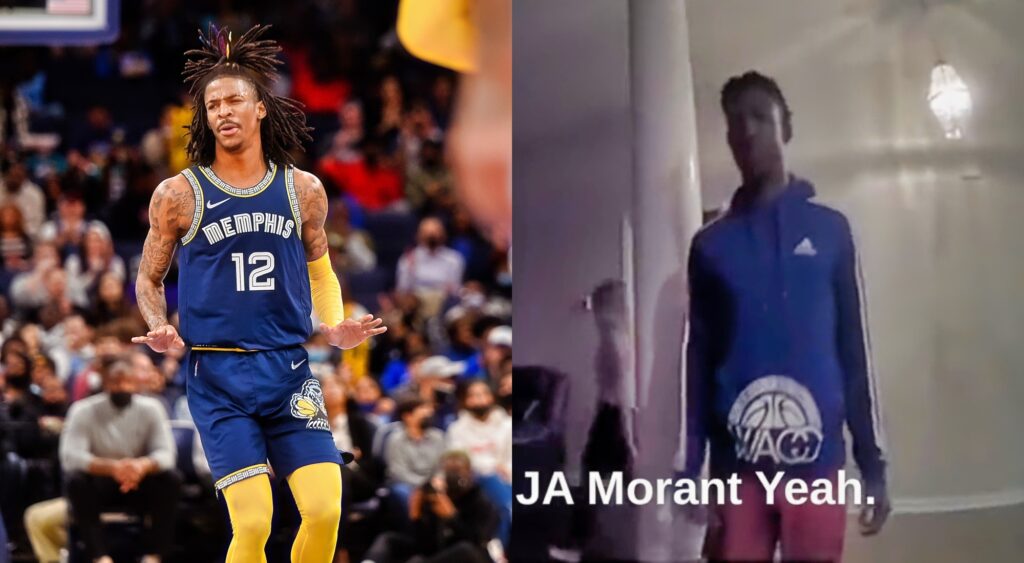 Split photo of Ja Morant celebrating on the court and a boy talking to police on bodycam video.