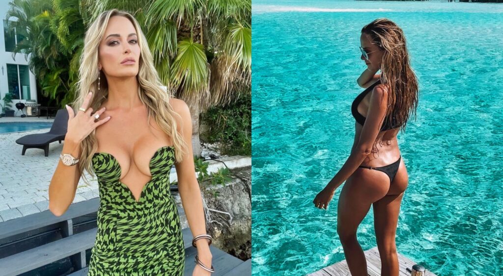 Split image of Jena Sims in a green dress and Jena Sims in a bikini by the ocean.