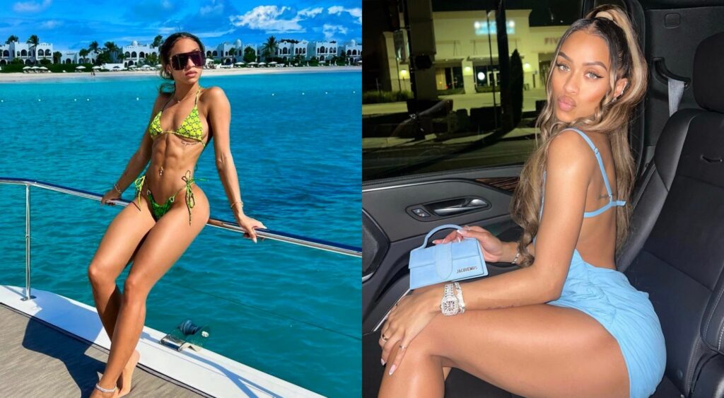Split image of Jilly Anais in a bikini on a boat and Jilly in the car posing for the camera.