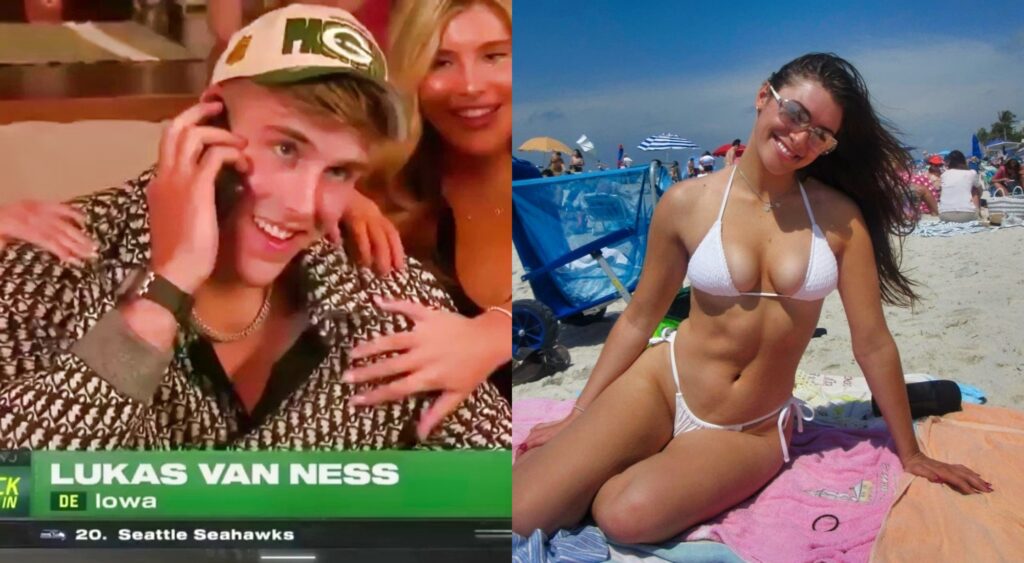 Split image of Lukas Van Ness getting a phone call during the NFL Draft and Frankie Kmet in a white bikini at the beach.
