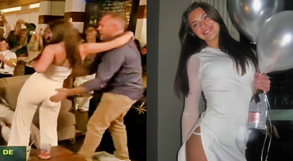Split image of Lukas Van Ness' dad slapping Frankie Kmet's butt and Frankie in a white dress with a champagne bottle.