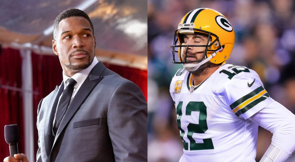 Split image of Michael Strahan and Aaron Rodgers.