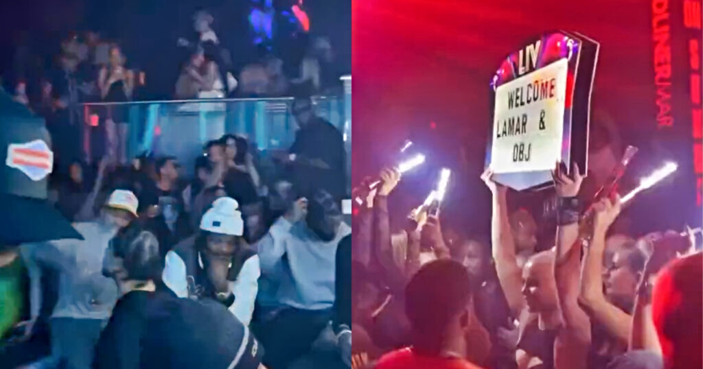 Photo of a sign welcoming Lamar Jackson and Odell Beckham Jr. and photo of Lamar Jackson and Odell Beckham Jr. at a party