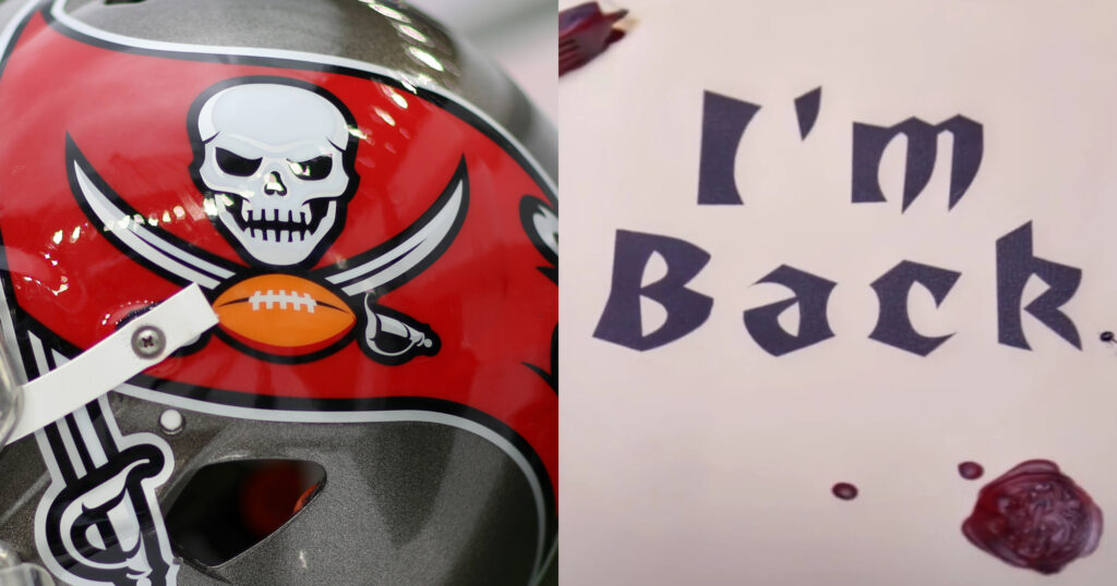 Photo of Buccaneers helmet and a pic of Buccaneers announcement