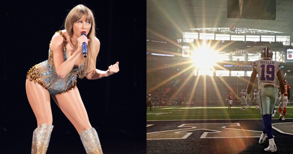 left Taylor Swift and right sunlight shining through At&T Stadium windows.