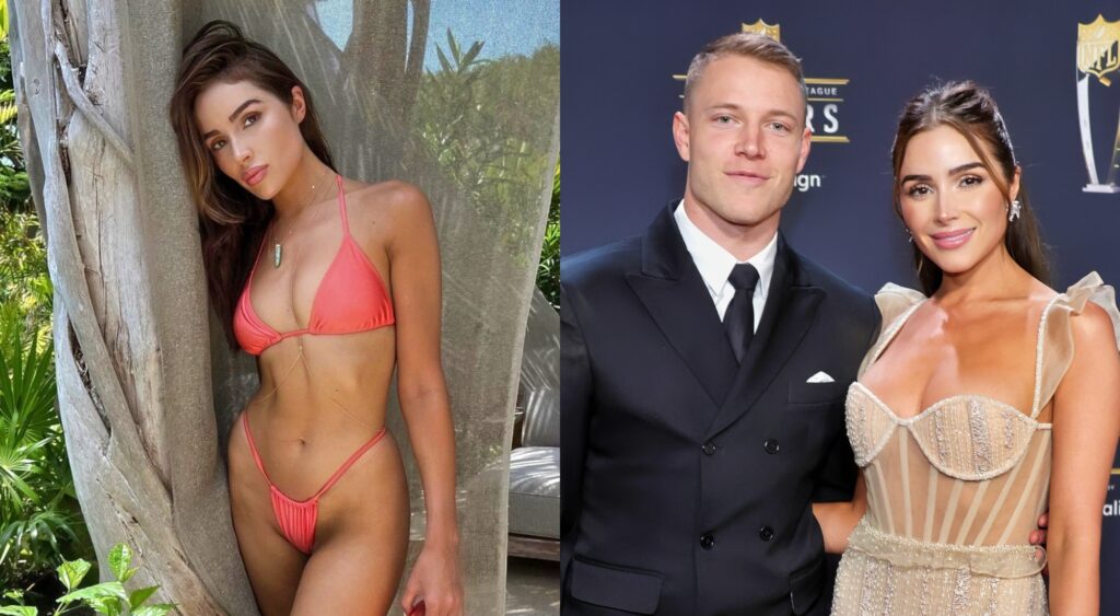 Split image of Olivia Culpo in a bikini and Olivia Posing with Christian McCaffrey at NFL Honors red carpet.