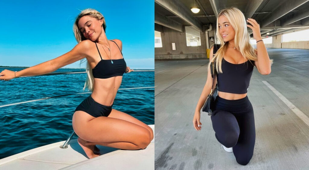 Photo of Olivia Dunne posing on a boat and photo of Olivia Dunne stooping in tight clothing