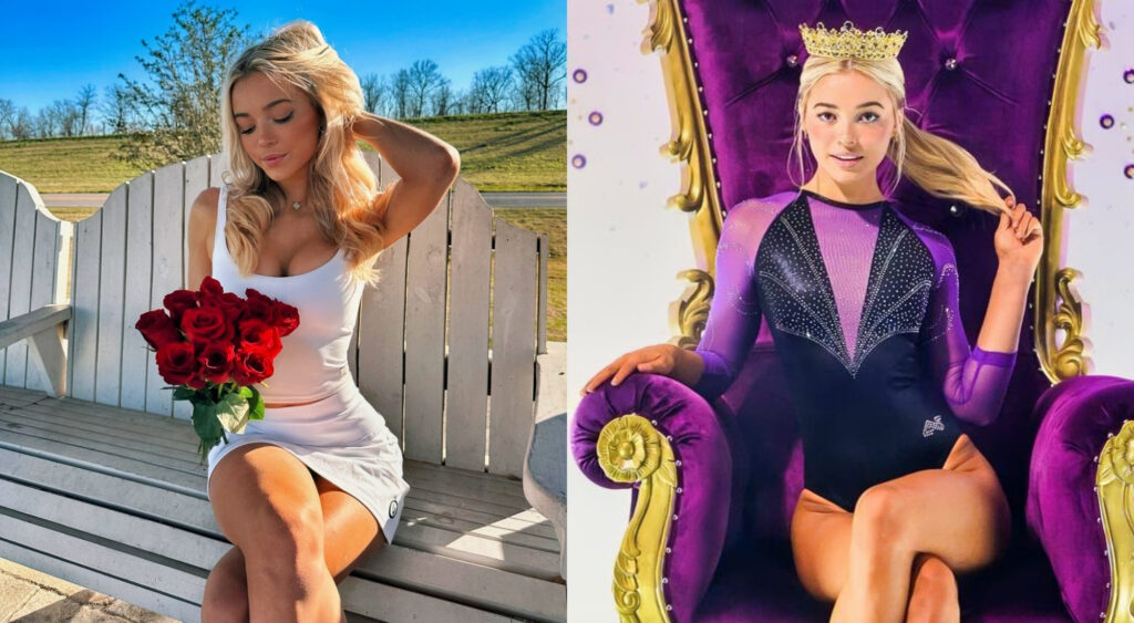 Photo of Olivia Dunne holding roses and photo of Olivia Dunne sitting in a purple throne