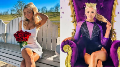 Photo of Olivia Dunne holding roses and photo of Olivia Dunne sitting in a purple throne