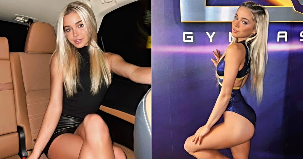 Photo of Olivia Dunne in black dress and photo of Olivia Dunne in LSU leotard