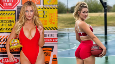 Photo of Paige Spiranac in red swimsuit and photo of Paige Spiranac in trainer bra and shorts