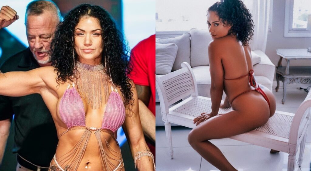 Split image of Perla Gonzalez at weigh-ins and her posing on a bench in a bikini.