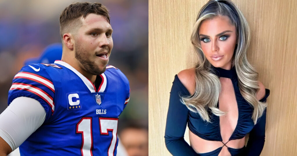 Josh Allen in bills jersey on left and Brittany Williams in black dress on rigth.
