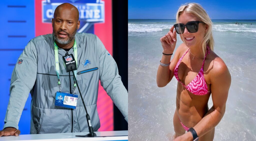 Split image of Lions GM Brad Holmes at the podium and swimmer Riley Gaines in a bikini on the beach.