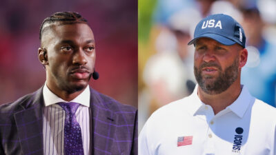 Photo of Robert Griffin III wearing a headset and photo of Ben Roethlisberger wearing a hat