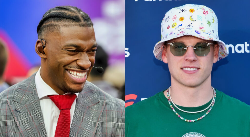 Photo of Robert Griffin III laughing and photo of Joe Burrow smiling