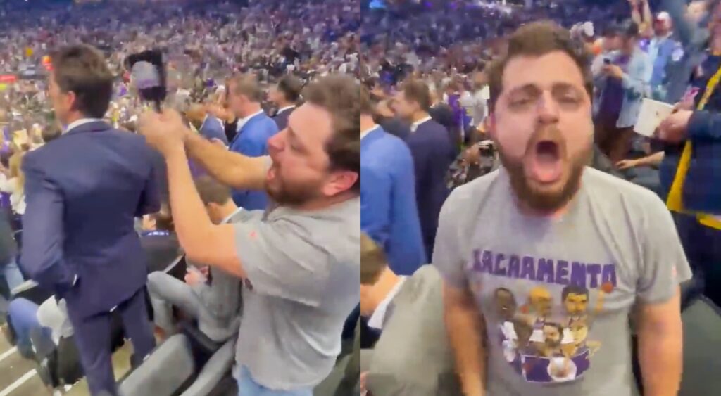 Split image of Kings fan ringing cowbell and yelling.
