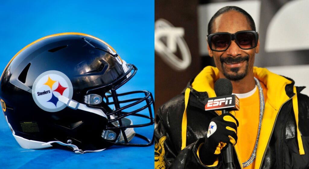 Split image of a Steelers helmet and Snoop Dogg holding an ESPN mic while wearing Steelers gear.