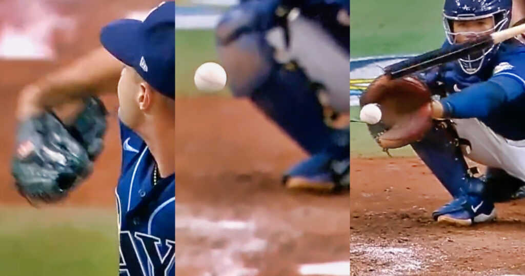 Tampa Bay Rays pitcher Shane McClanahan throwing a pitch (left). Clip of McClanahan's changeup (right).