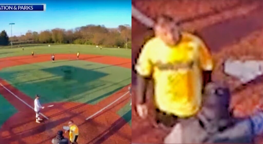 Split image of a men's softball game and a player about to attack the umpire.