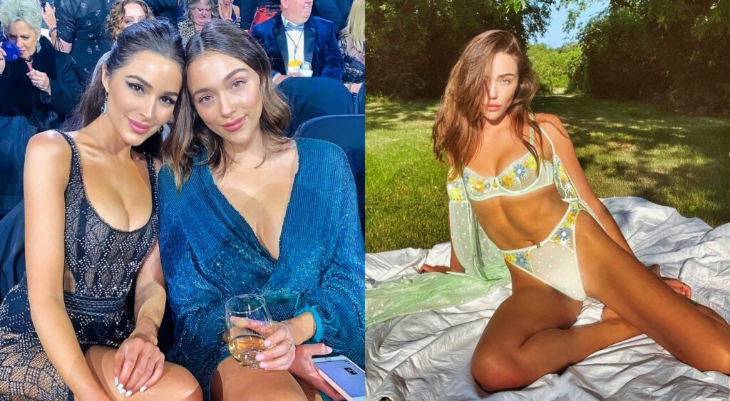 Split image of Sophia and Olivia Culpo sitting together, and Sophia posing in lingerie at the park.