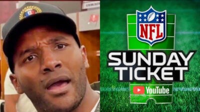 Photo of Giovani Bernard with his mouth open and photo of NFL Sunday Ticket logo