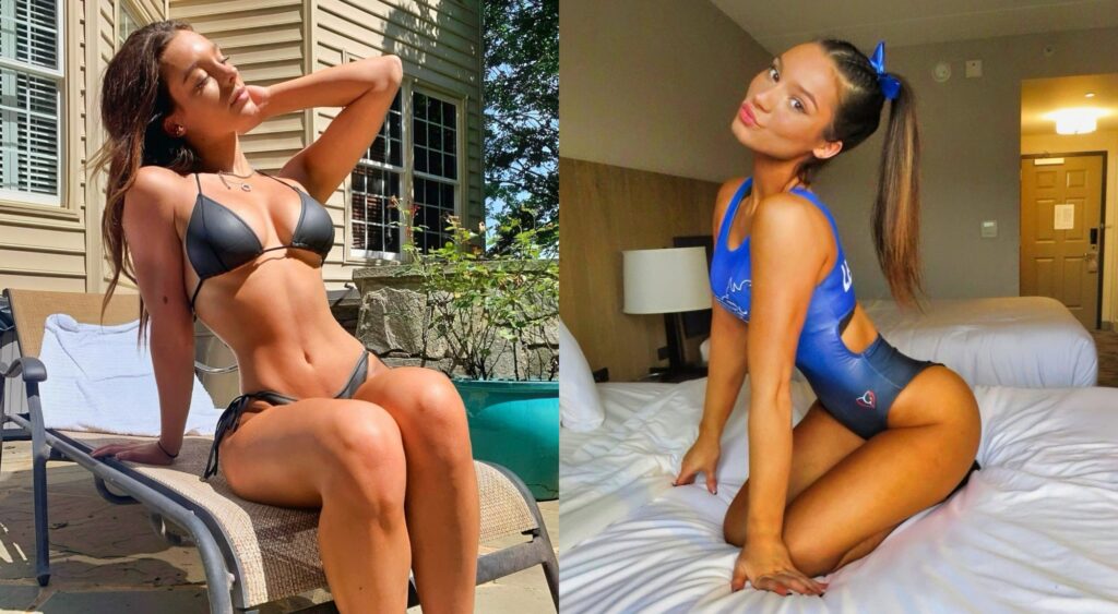 split image of Sydney Smith posing in a bikini and on a bed in her gymnastics leotard.