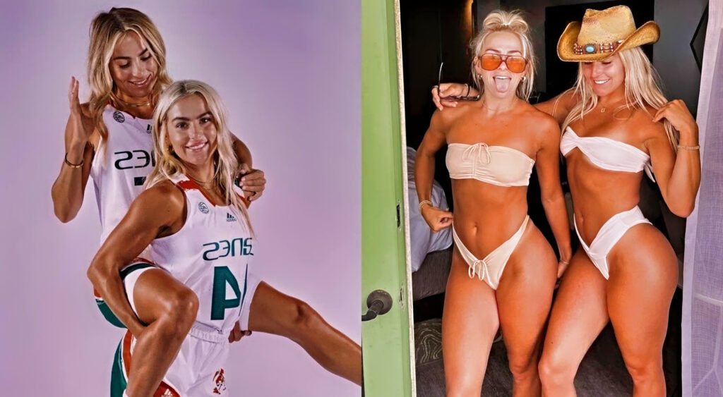 Photo of the Cavinder Twins in Miami uniforms and photo of the Cavinder Twins posing in bikinis