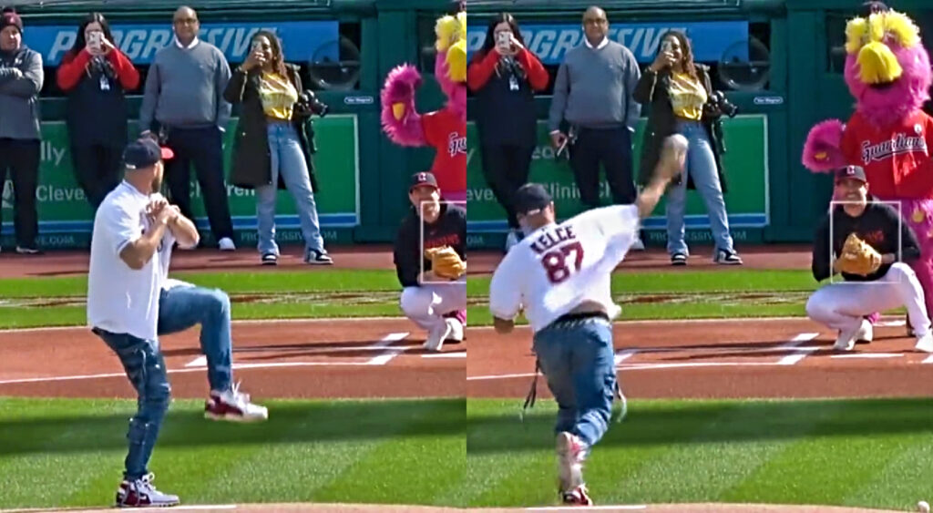 Photos of Travis Kelce pitching at a Guardians game