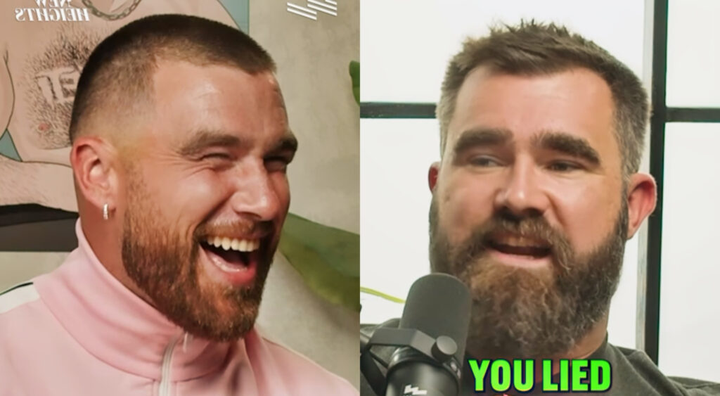 Photo of Travis Kelce laughing and photo of Jason Kelce speaking into a microphone