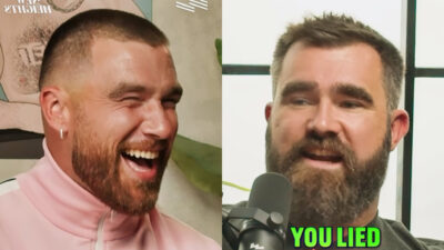 Photo of Travis Kelce laughing and photo of Jason Kelce speaking into a microphone