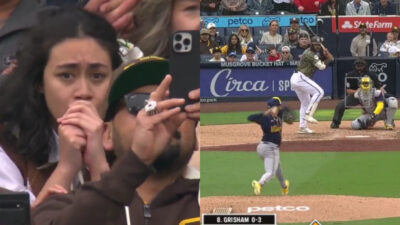 Photo of Padres fans watching MLB game and photo of Trent Grisham at the plate