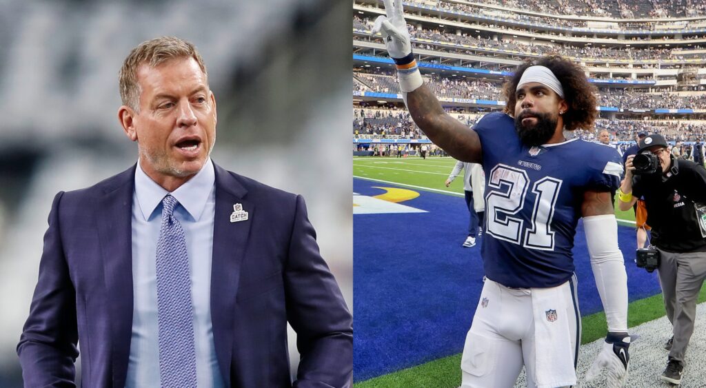 Split image of Troy Aikman in a suit on the field before a game and Ezekiel Elliott giving the crowd the peace sign after the game.