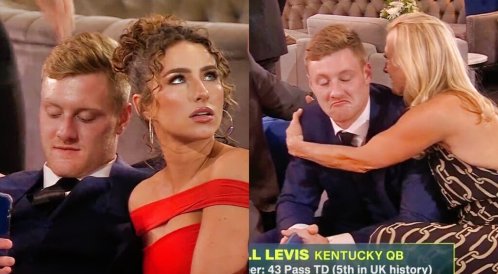 Split image of Will Levis with his girlfriend and the NFL Draft and Will Levis getting a hug from his mom at the draft.