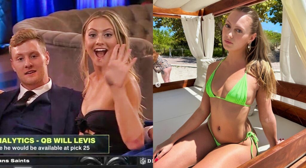 Split image of Will Levis and his sister at the NFL Draft and Kelley Levis is a bikini at the beach.