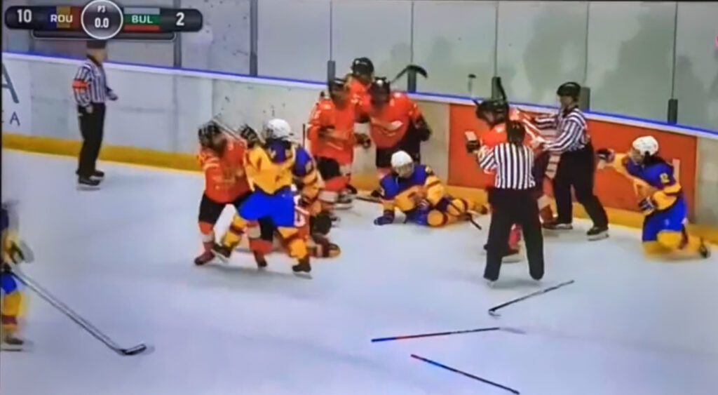 Still of a video of a brawl which took place during a women's hockey game