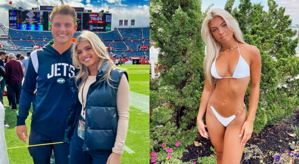 Photo of Zach Wilson with his girlfriend and photo of Zach Wilson's girlfriend in a white bikini